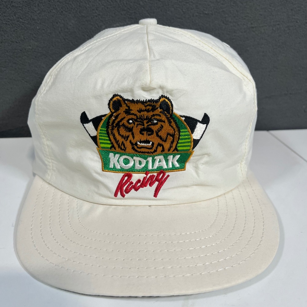 Vintage Kodiak Racing Snapback Hat White Made in USA Bear Logo Trucker Cap Mens